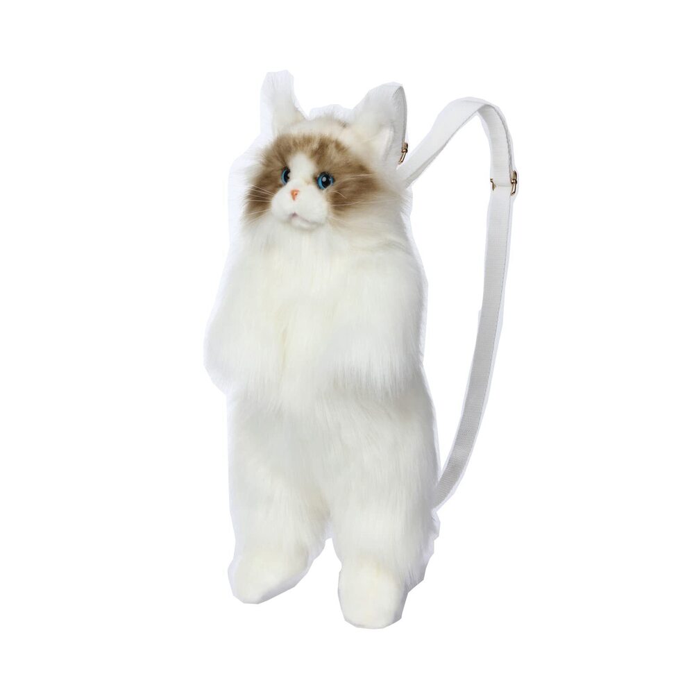 6272 Plush Cat Backpack, Lifelike White Stuffed Animal Bag, Large Handmade